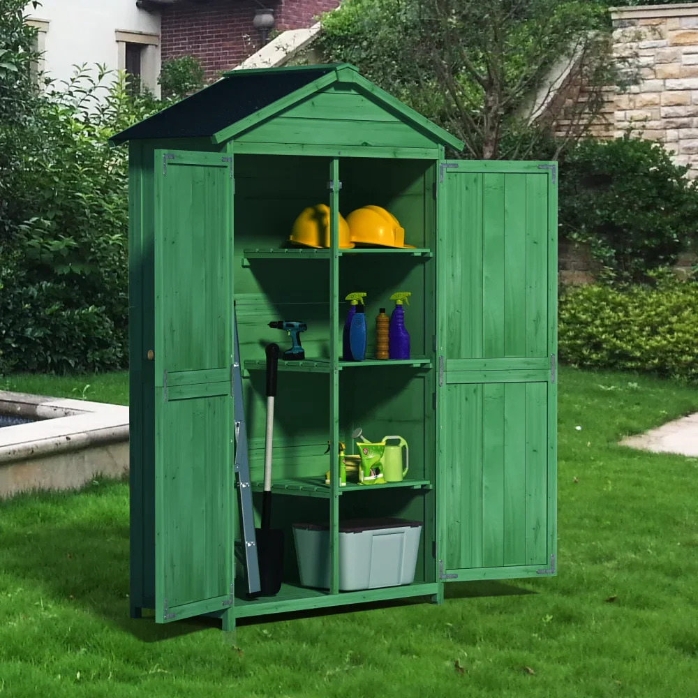 Outdoor Wood Storage Shed, Garden Tool Cabinet with Waterproof Asphalt Roof, Double Doors, Multiple-tier Shelves, Sheds Storage