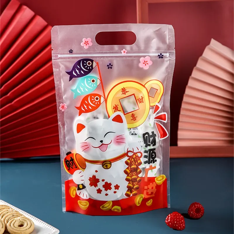 50 Uds. Año Nuevo Chino gato de la suerte nieve crujiente turrón bolsa con cremallera automática embalaje de aperitivos para hornear galletas