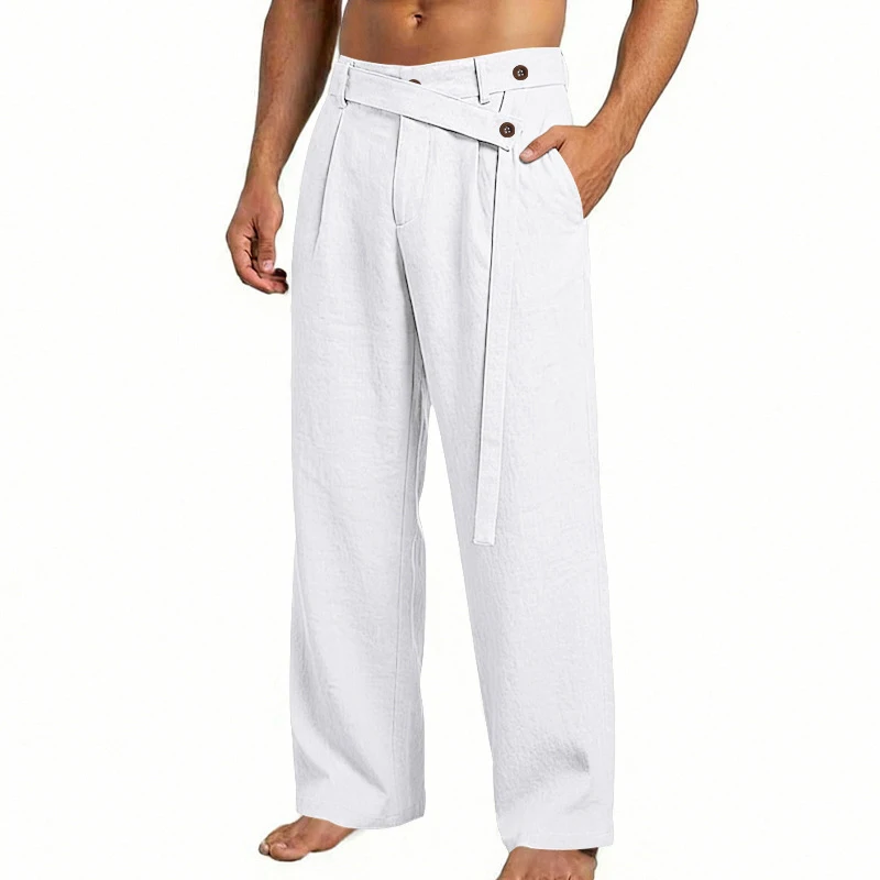 2026 Spring Summer New Irregular Button Closure White Plus Size American Style Oblique Waist Linen Casual Wide Leg Pants For Men