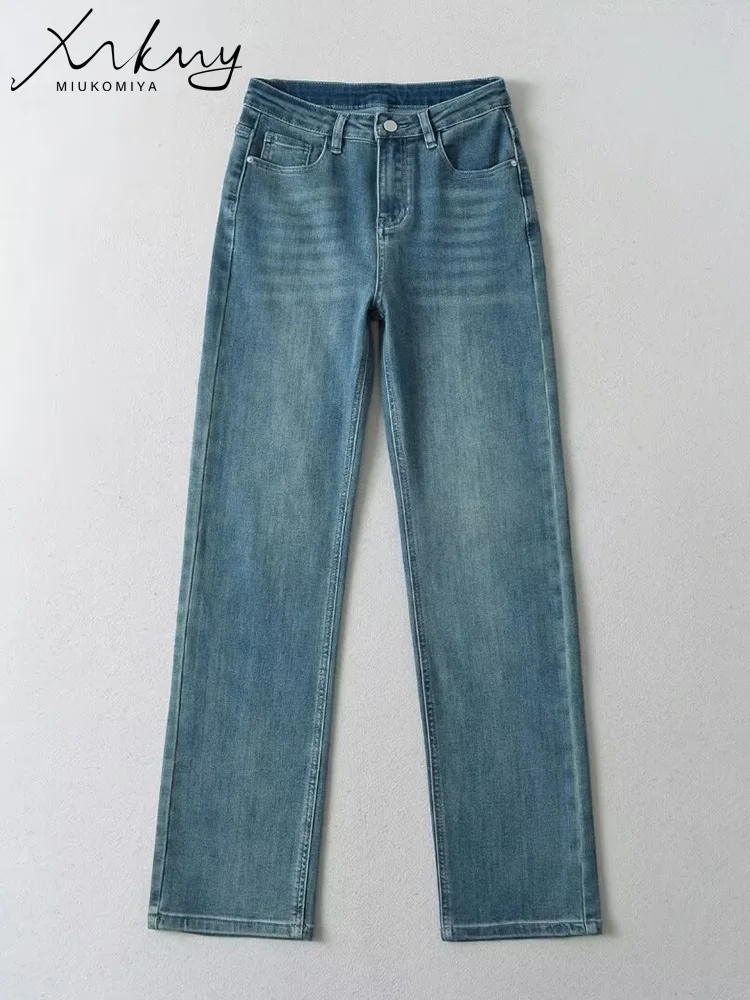 Imagem -05 - Miukomiya-calça Jeans Reta de Cintura Alta para Mulheres Calça Jeans Longa Casual Azul Solta Perna Reta Primavera 2023