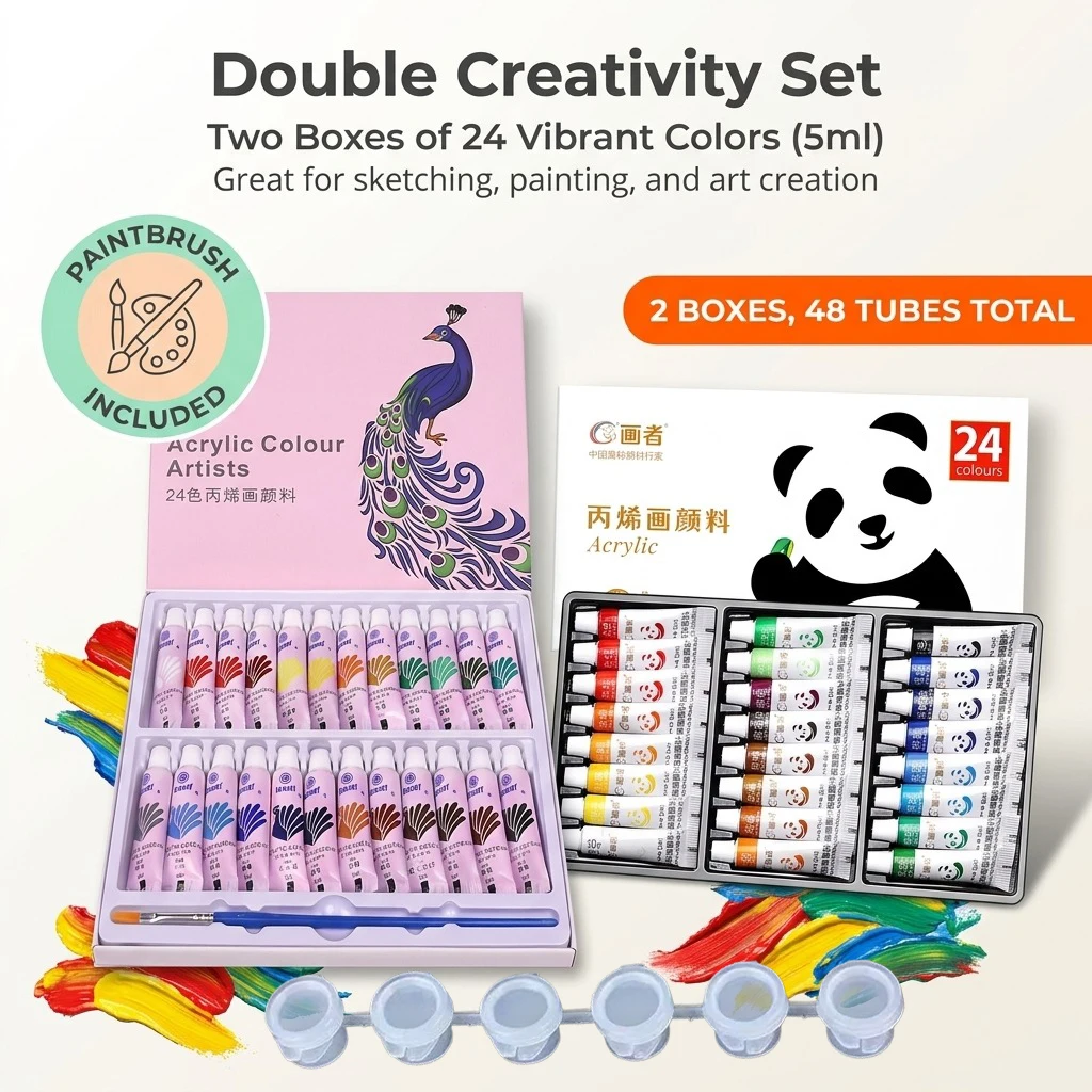 2Pcs Acrylic Painting Set 12/24 Colors 5ml Each with Paint Box Student Art Tools for Glass Painting Work