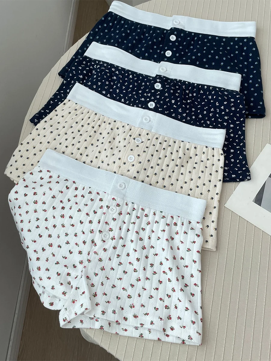 Темно-синие шорты на бретелях с цветочным принтом, женский тонкий топ с кружевной отделкой + лоскутные короткие штаны, милая хлопковая домашняя пижама, комплекты из 2 предметов