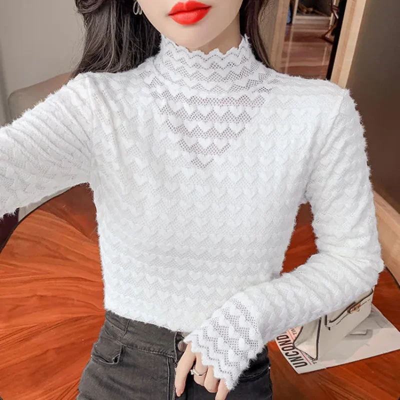 New Style Half High Collar Hollow Versatile Love Lace Shirt Jacquard Brushed Plus Velvet Thickened Pullover