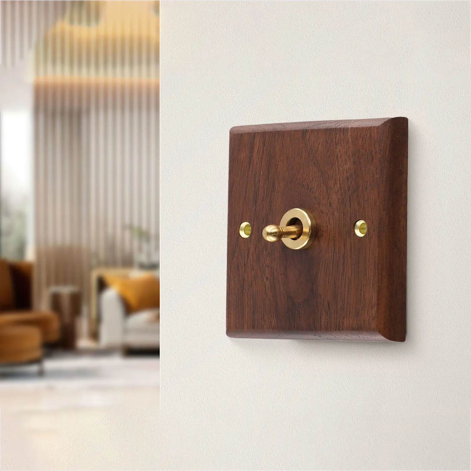 1-4 Gang Black Walnut Wood Toggle Light Rocker Switch Panel 1/2 Way Retro Walnut Wood Plate Brass Lever Safe Operation 86x86mm