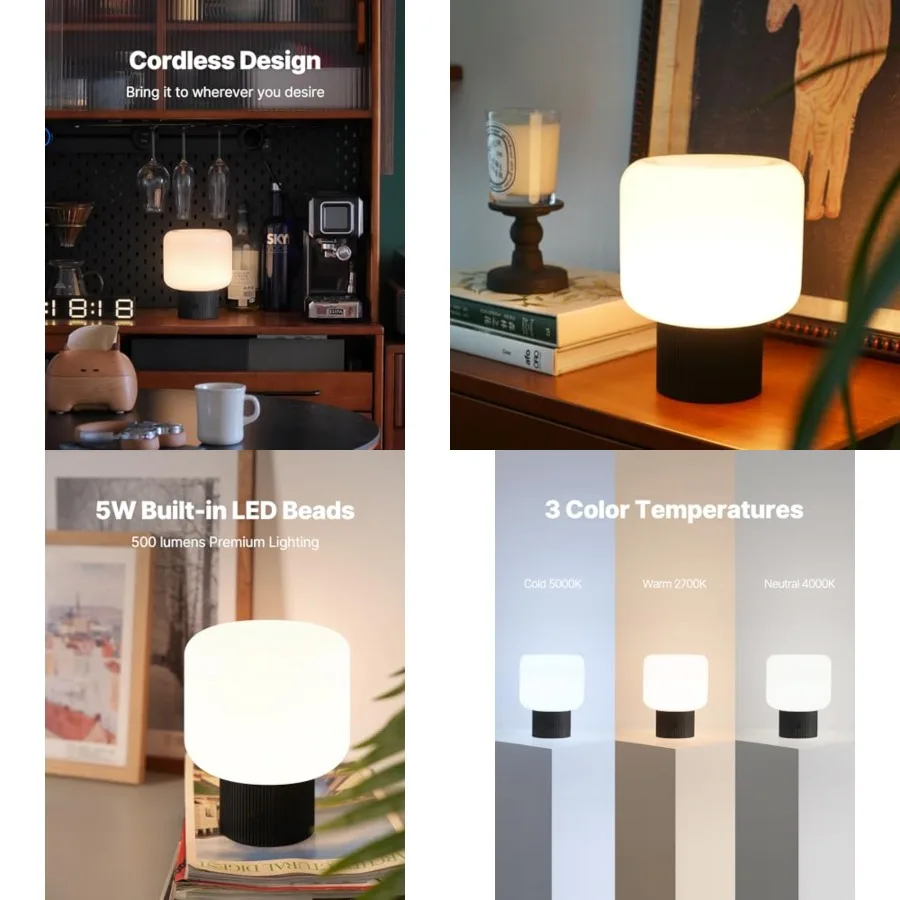 

Halo Mushroom Lamp, 5W Cute Cordless Rechargeable Table Lamp with Glass Shade, 3 Color Temps LED Dimmable Ambient Lighting, Sma