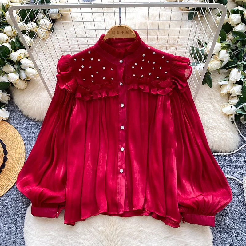 

French Yellow Blouse Women Summer Long Sleeve Shirt Beaded & Rhinestone Trim Loose Fit Lantern Sleeve Office Top Female BL512