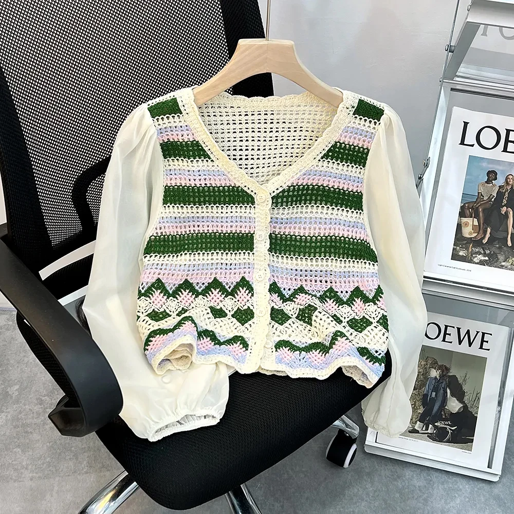 Women Crochet Top Boho Multicolor Striped Chiffon Sleeve Button Front Open-knit Blouse Fairycore Spring Summer Beach Wear