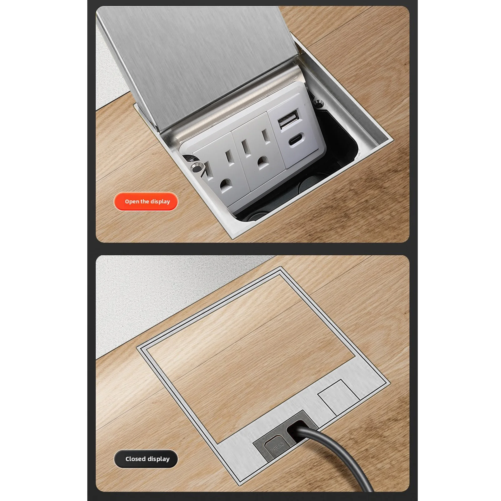 Desk Socket Box Kit Sealed Structure Recessed Outlet Stainless Steel Casing for Carpet Tile Marble for Kitchen Living Room