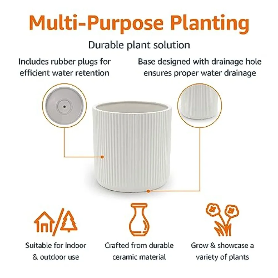 White Fluted Round Ceramic Planter With Drainage Hole, Frost-Resistant for Indoor & Outdoor
