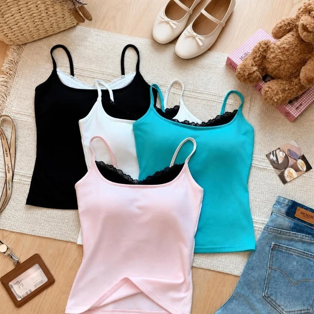 V-neck Sleeveless Tank Top Lace Inlay Slimming Effect Lace Patchwork Camisole Sleeveless Slim Fit Top For Women's Summer Fashion