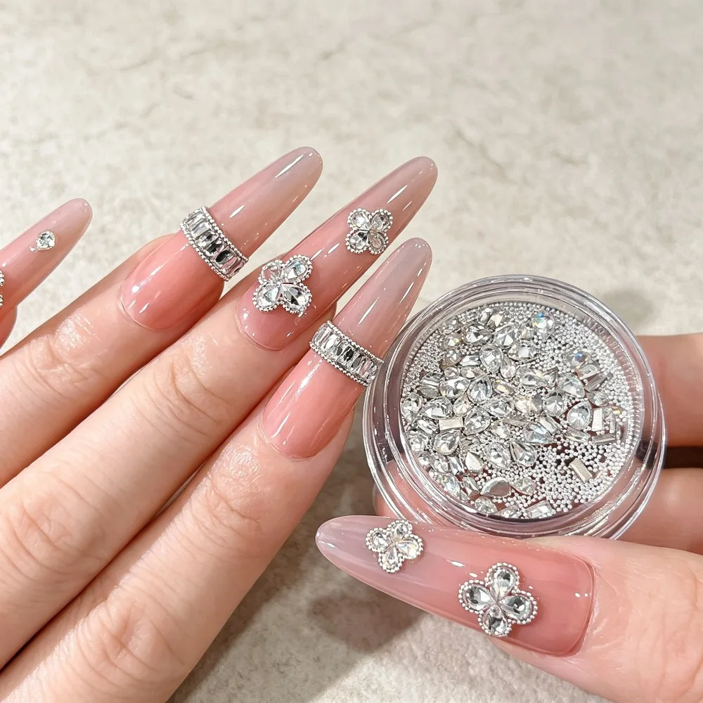 White  Nail Art Rhinestone Set Multi Shape Crystal Flat Pink Rhinestone Round Bead Diamond Jewelry for Nail Art Craft