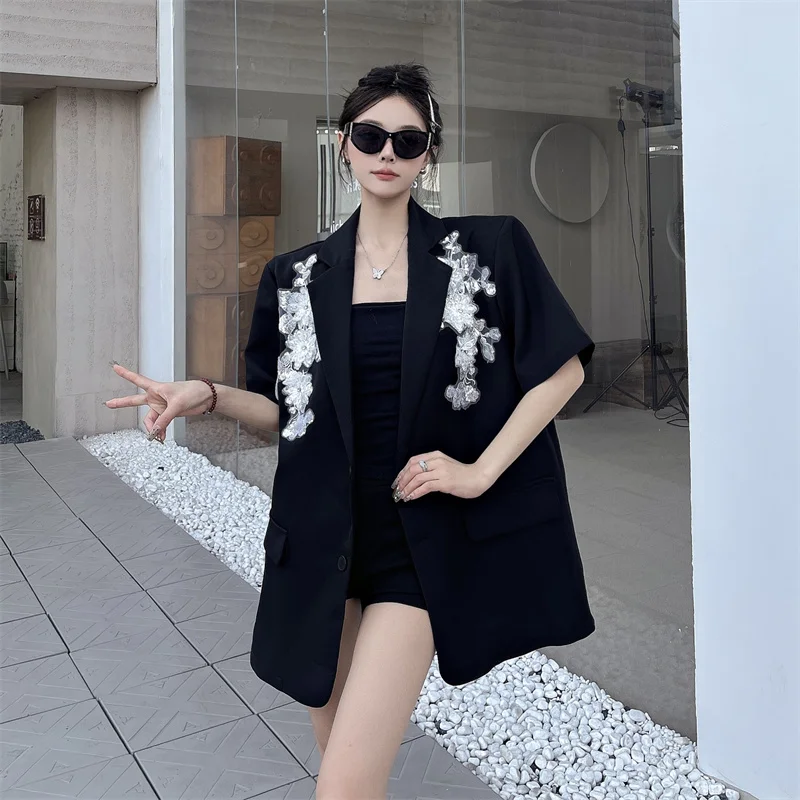 

Summer Korean style design sequin embroidered loose short sleeved suit jacket feminine casual temperament minimalist coat