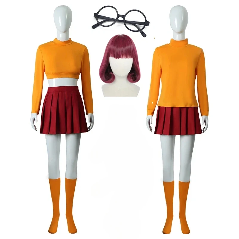 Velma Anime Cosplay Uniforme para Mulheres, Top Laranja, Saia Vermelha, Meias, Óculos, Peruca, Festa de Halloween, Conjunto de Carnaval, Fantasia de Meninas