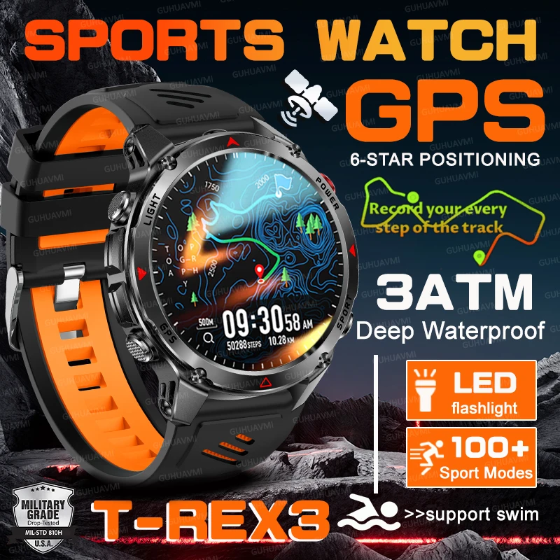 

Для Xiaomi NEW T-REX3 Военные GPS Смарт-часы Компас Высотомер Плавание Дайвинг Светодиодный фонарик 3ATM Водонепроницаемые HD Спортивные часы для вызова