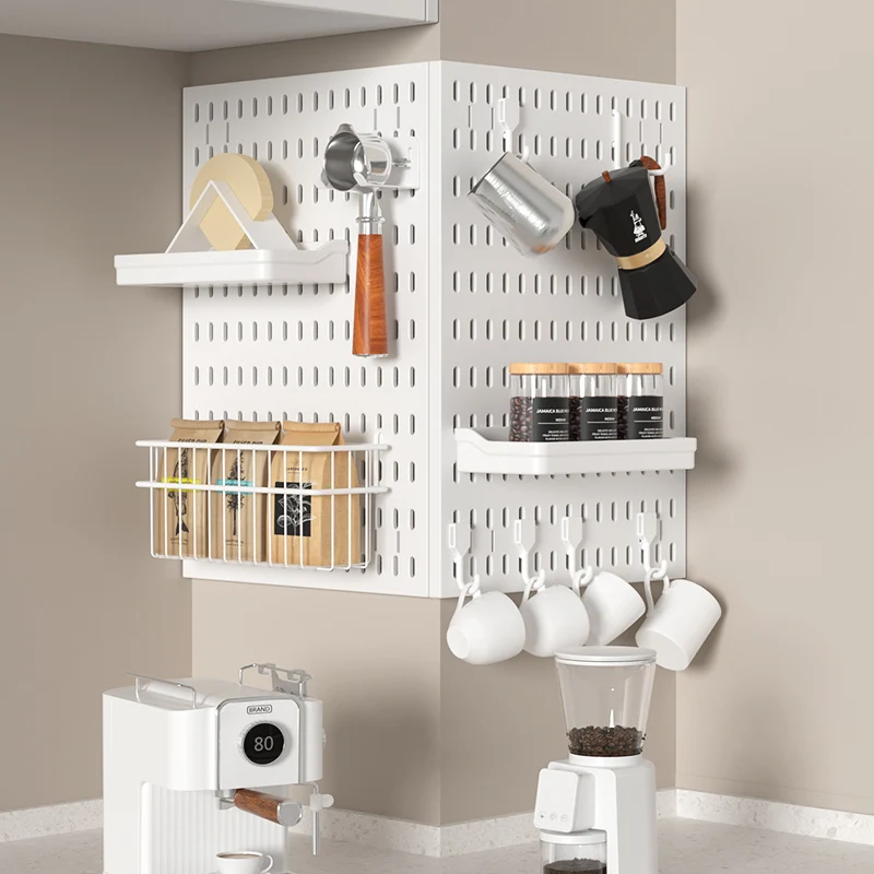 Wall-mounted Pegboard For Home Office Coffee Corner Storage: Holds Coffee Portafilter Gear And Kitchen Utensils.
