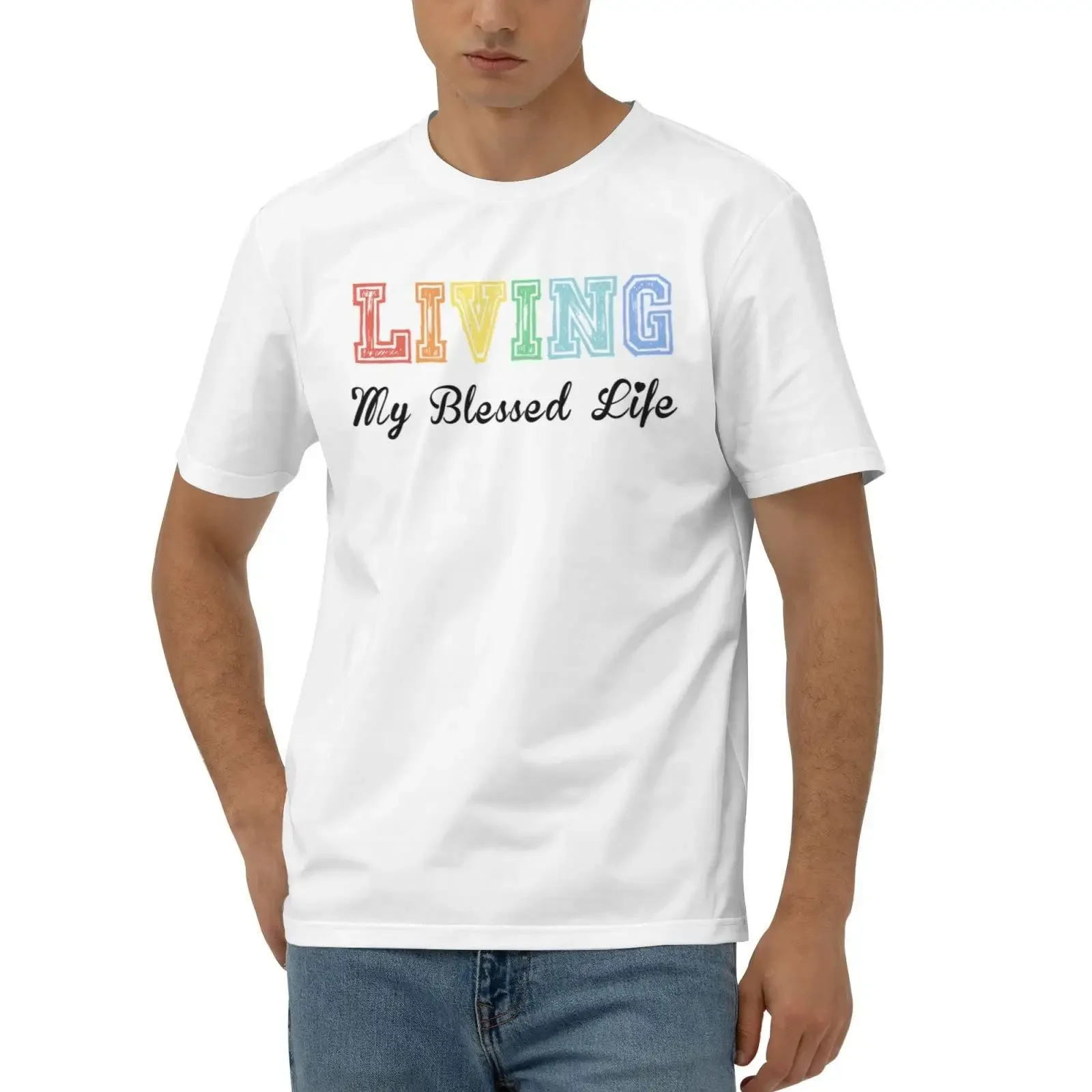 Dsoluuing Men's T Shirt Funny Living My Blessed Life Men Color Size Medium vintage Washed homme Unisex designer clothes