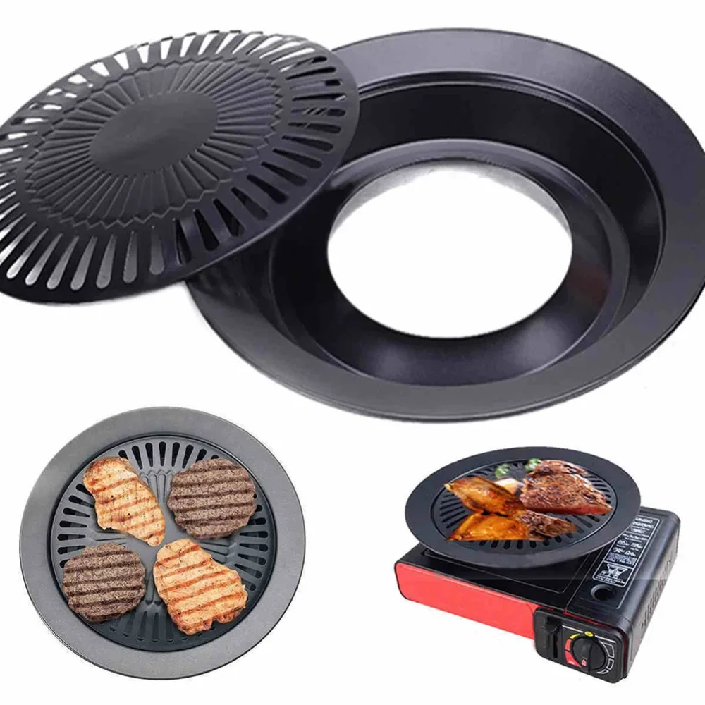 Round Smokeless Barbecue Baking Pan Barbecue Grill with Brush Non-Stick Barbecue Pan Roasting Tray Kitchen BBQ Cooking Tools