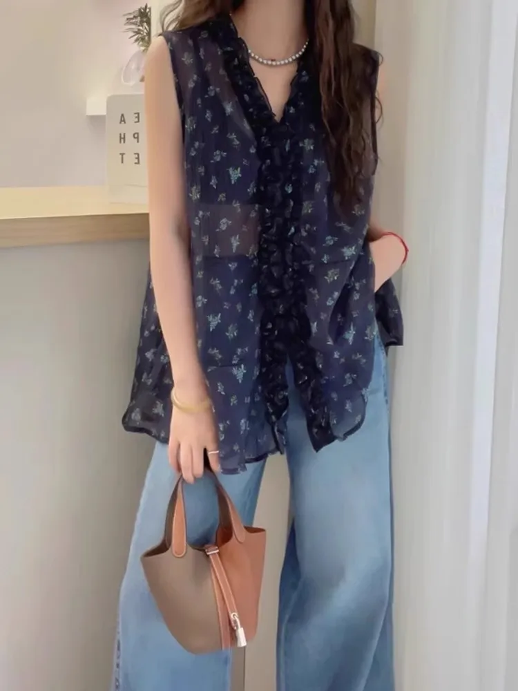 Korean Style Floral Lace Splice V-Neck Sleeveless Vest Women Summer Inner Wear Outer Wear Base Micro Transparent Shirt Top