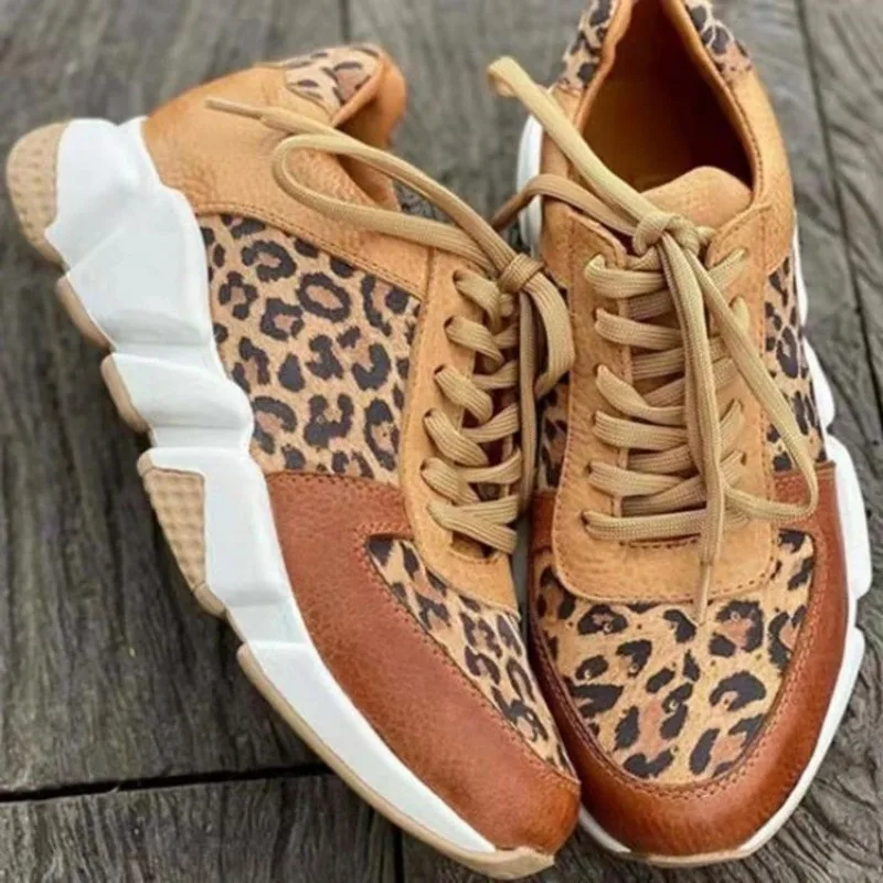 Leopard damskie trampki komfort platforma zasznurować kobiece buty spacerowe moda okrągły nosek pasujący kolor damskie buty sportowe