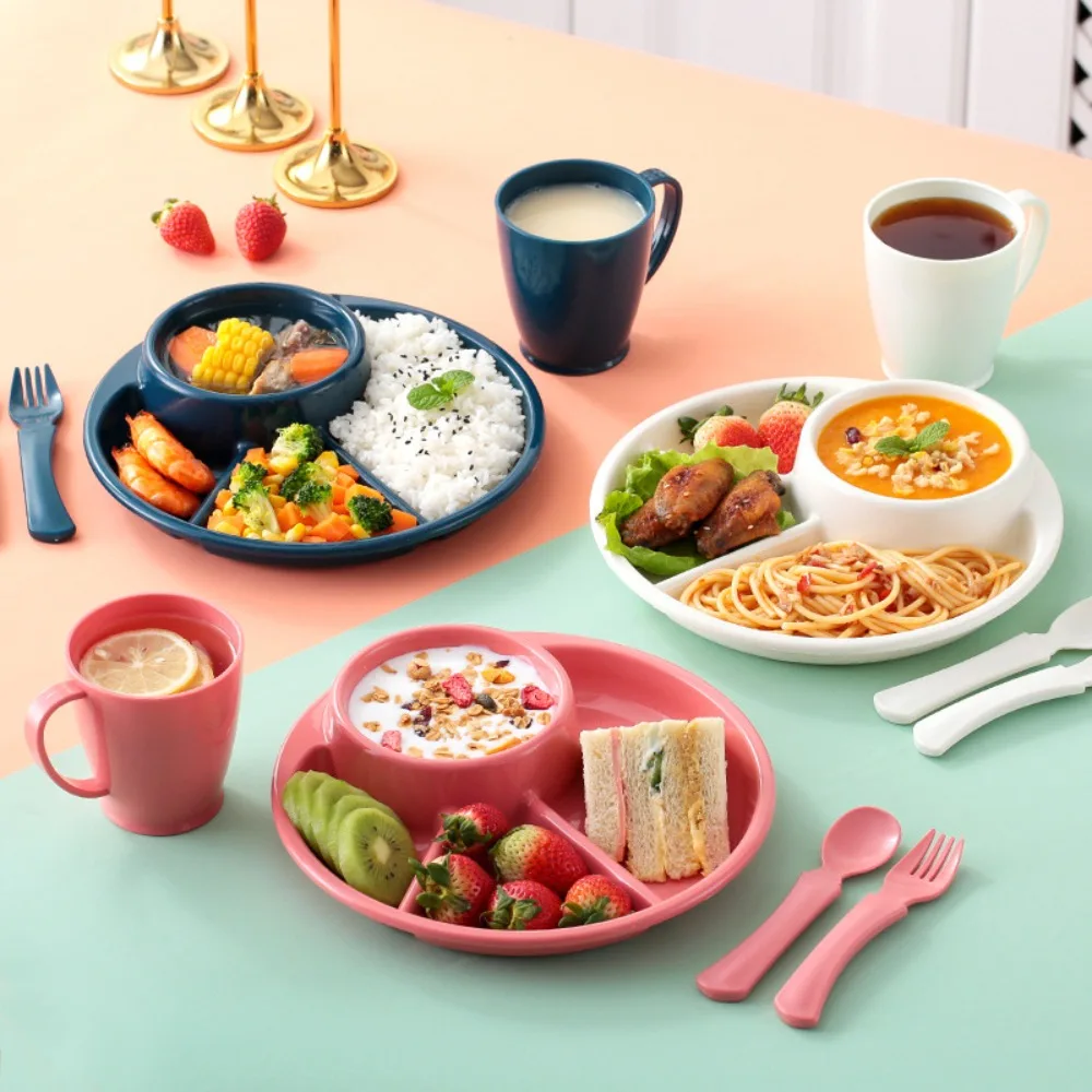 

Japanese-Style Round Dinner Divided Plates Fall-Resistant Plastic 4 Grids Food Serving Tray Household Children Breakfast Plate