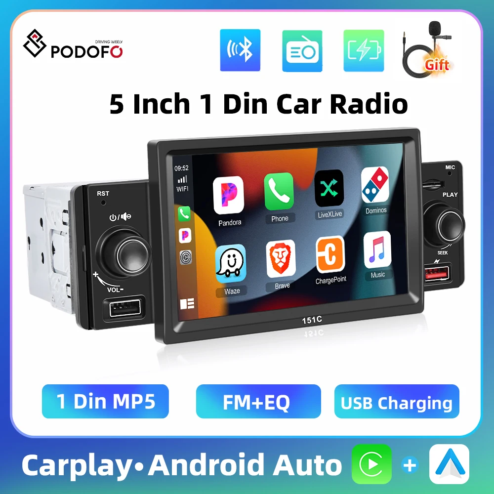 Podofo 1Din MP5 Player 5'' Wired Carplay Android Auto Car Stereo Multimedia Player EQ Sound FM Radio Bluetooth 1 Din Autoradio