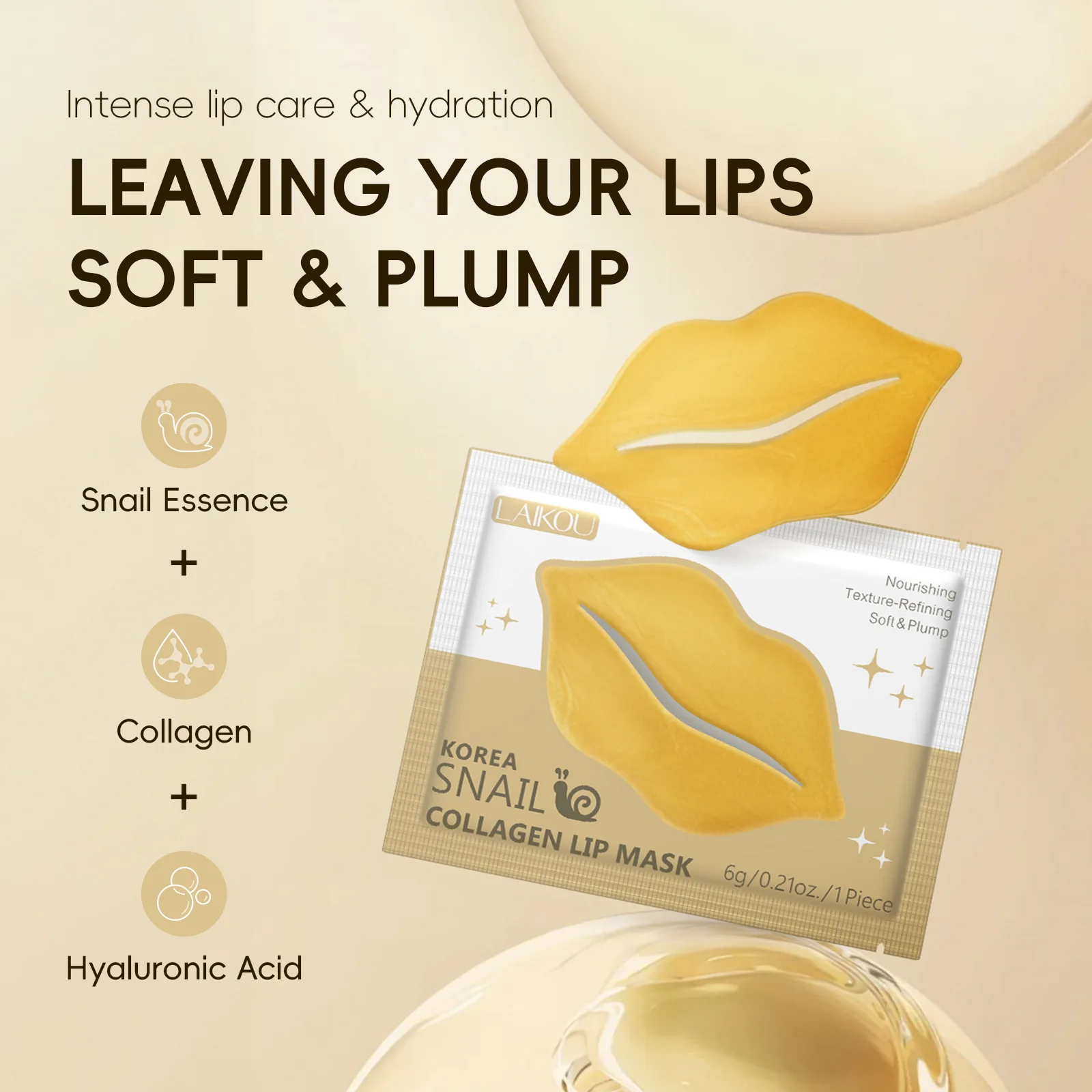 LAIKOU Snail Collagen Lip Mask 5/10Pcs Gel Lip Patches Moisturizing Hydrating Repair Dry Lips Fade Lip Lines Lip Care