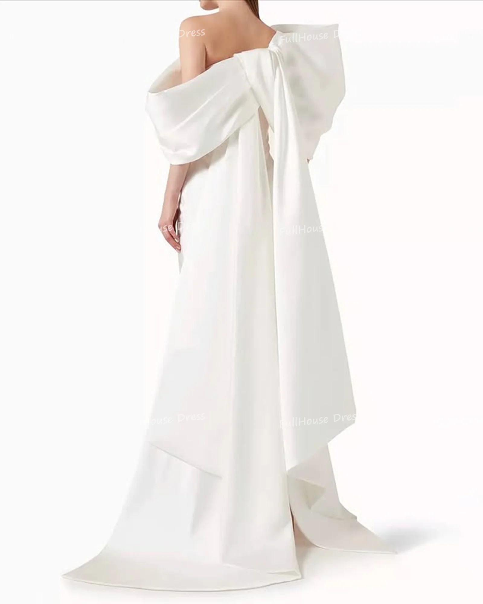 

Custom Made Classic Off Shoulder Solid Bridal Evening Gown Sheath Short Mini Backless Pleated Prom Gown with Chapel Court