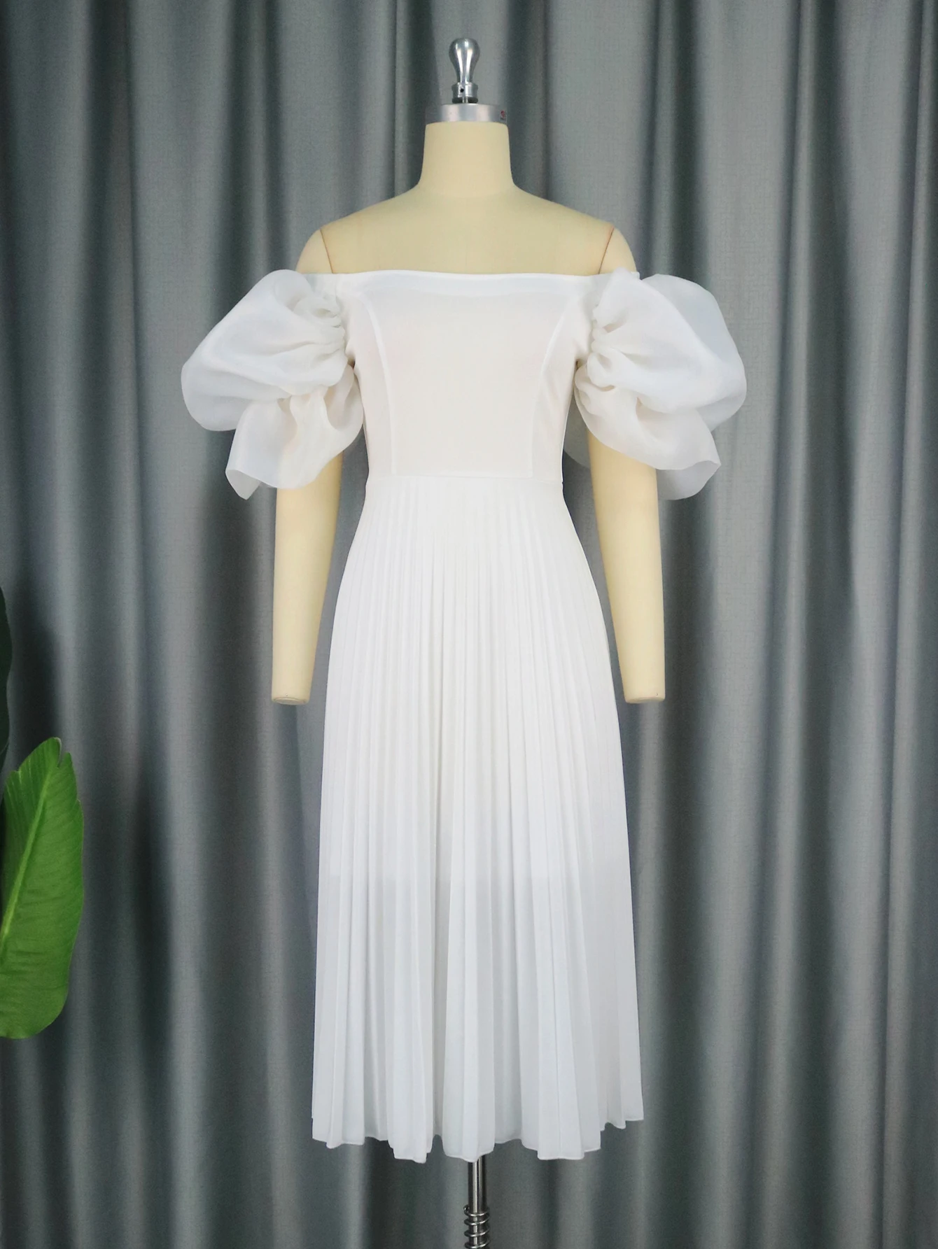 ONTINVA White Midi Dresses for Women Plus Size Off Shoulder Puff Sleeve Pleated A Line Evening Party Wedding Guest Outfits 4XL