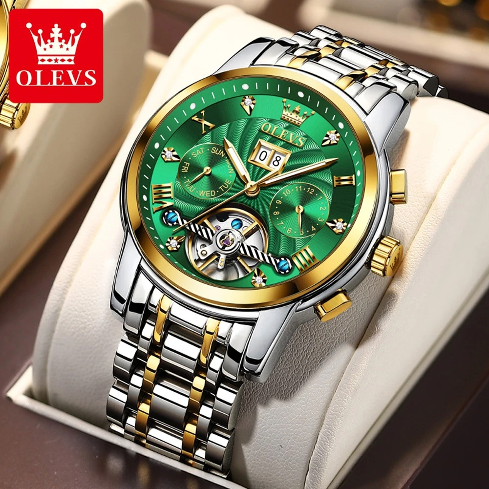 

OLEVS 9910 Business Mechanical Watch Gift Round-dial Stainless Steel Watchband Month Display Calendar Luminous Tourbillon