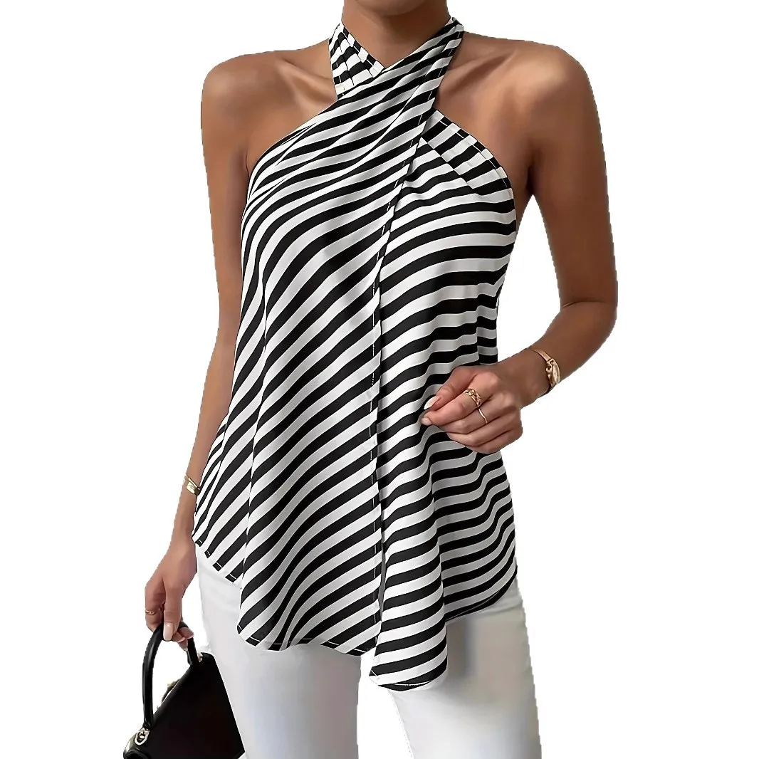 

Women's Plus Size Top Cross Strap Summer Classic Black and White Fine Stripe Neck-Hanging Sexy Strap Top Slimming Top