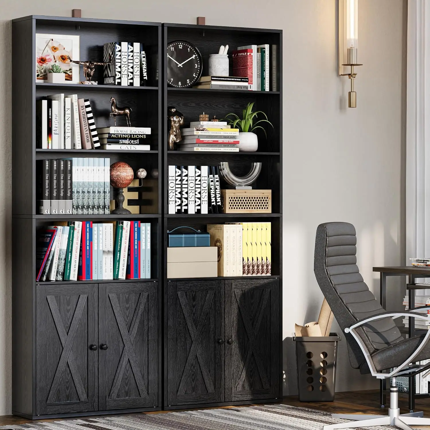 Tall Bookshelf 70in with Doors Set of 2 Vintage Black, Customized