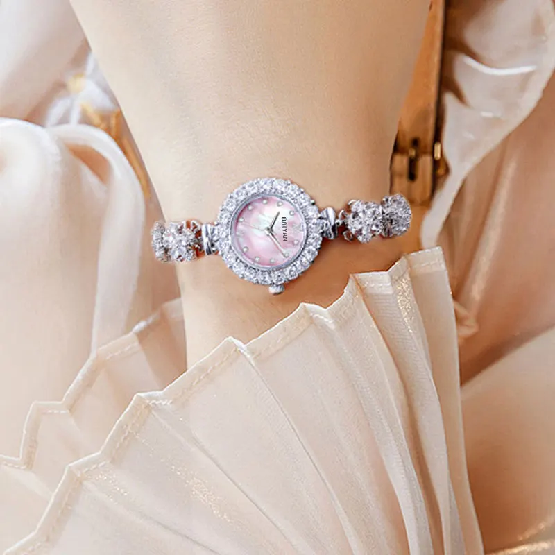 Luxury Diamond Encrusted Women's Silver Flower Small Bracelet Hand Jewelry Pointer Fashion Girls' Watch Waterproof Clock