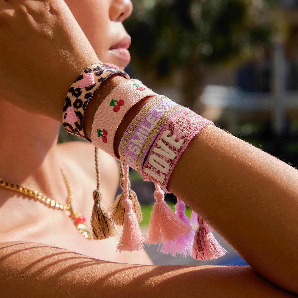 YHTOT Fashion Trend Leopard Pink Heart Shaped Fabric Bracelet with Stackable Letters Love Bracelet Women's Accessories