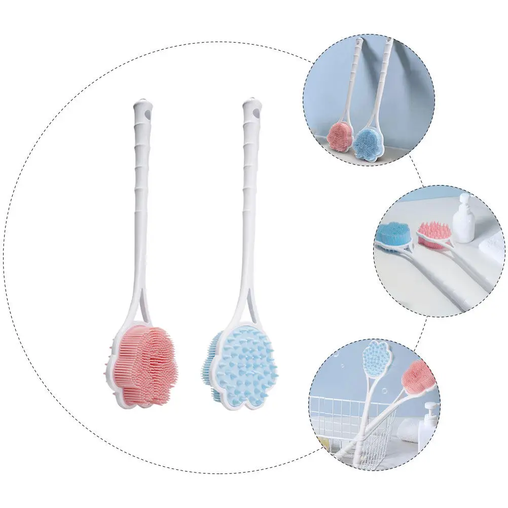 2Pcs Silicone Shower Bath Brush Long Handle Back Scrubber Exfoliating Body Cleaner Improve Circulation Skin Care