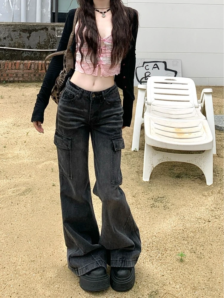 

HOUZHOU Y2k Vintage Women Distressed Jeans Black Straight Wide Leg Denim Pants Grunge High Street Retro Washed Denim Trousers