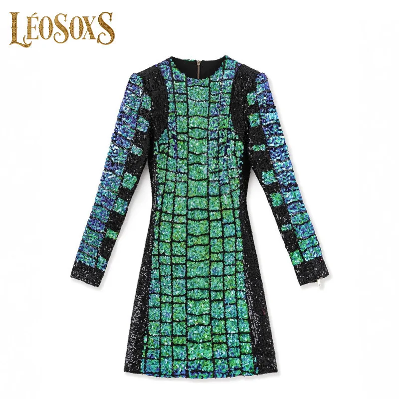 

LEOSOXS Green Sequins Women's Dresses Short A-line Skirts Back Zipper Long Sleeves Sexy Dress O Neck 2025 Autumn Party Clothing
