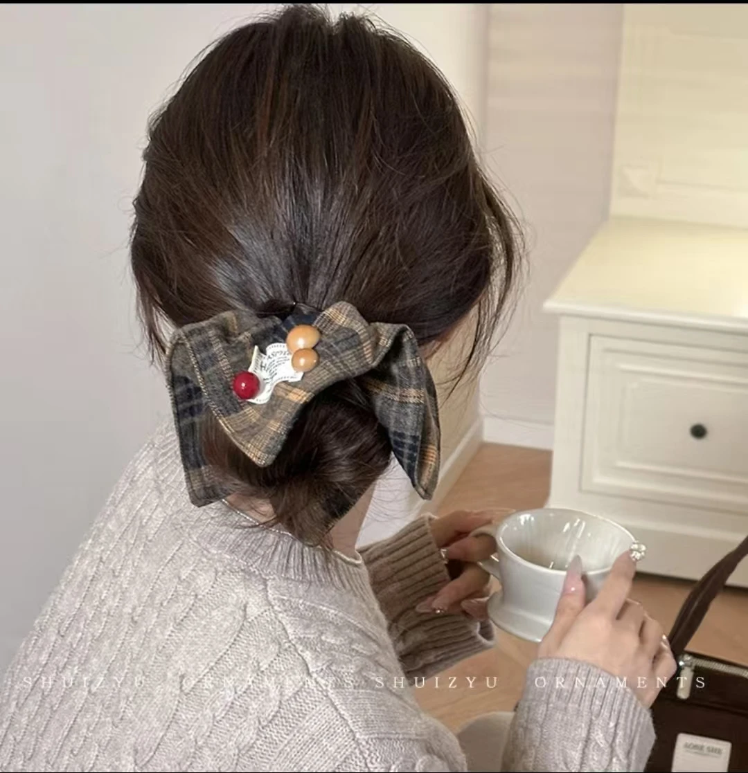 

Korean Style Plaid Square Scarf Fabric Large Intestine Hair Tie Women'S Low Ponytail Temperament Hair Rope Head Flower