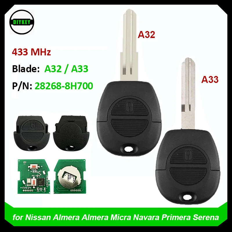 DIYKEY portachiavi per auto a distanza a 2 pulsanti per Nissan Patrol Navara X-Trail Serena Primera Micra Almera 433MHz senza Chip P/N: 28268-8H700