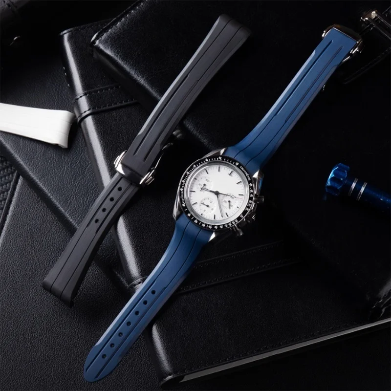 20mm Curved End Rubber Watchband for Omega Super Series Professional Lunar Watch Fluororubber Watch Strap Swatch Wristband