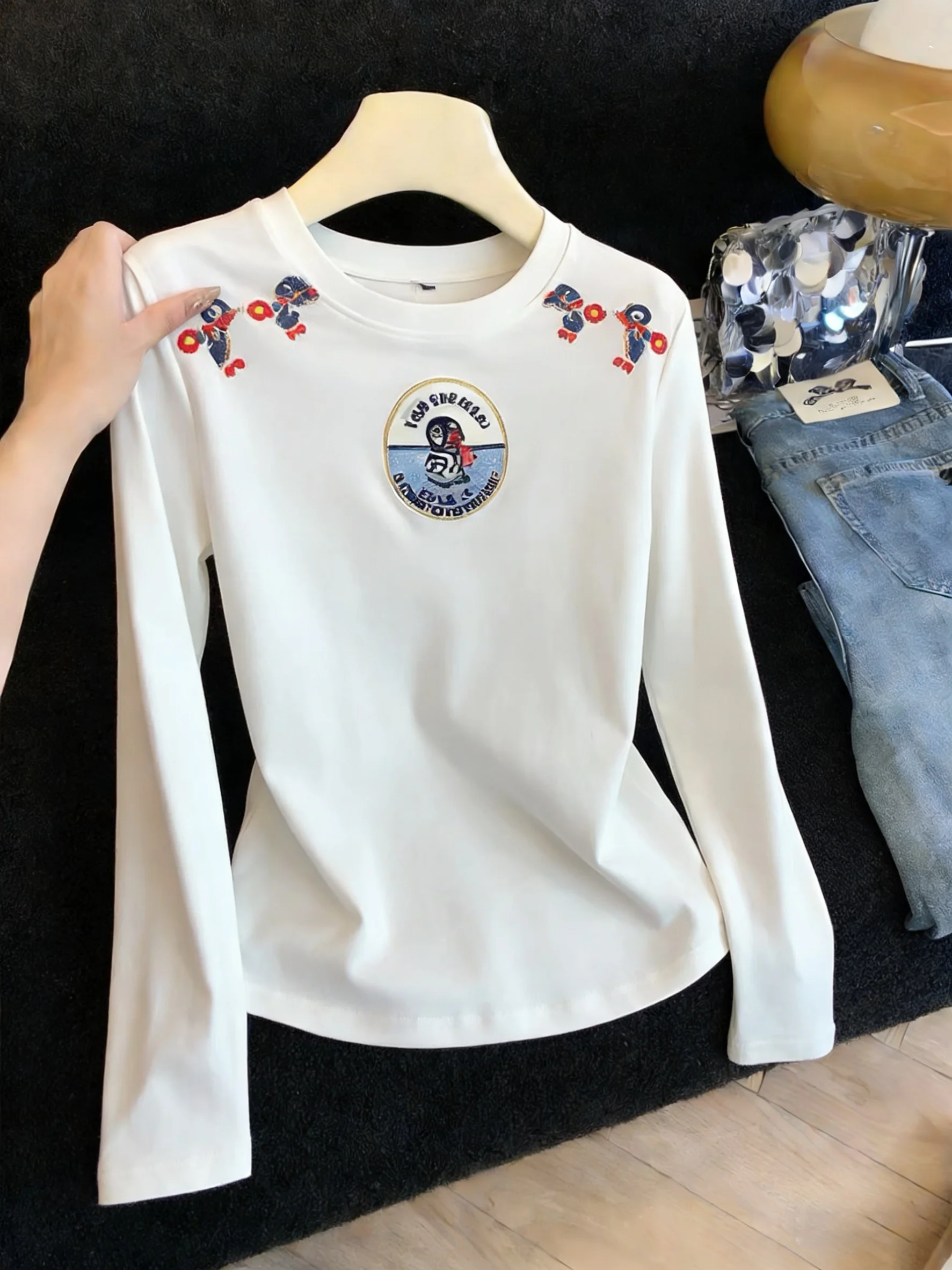 

Casual Loose Long Sve round Ne T-irt Women's Spring Autumn Korean Sle Simple Cartoon Print Design oulder Width