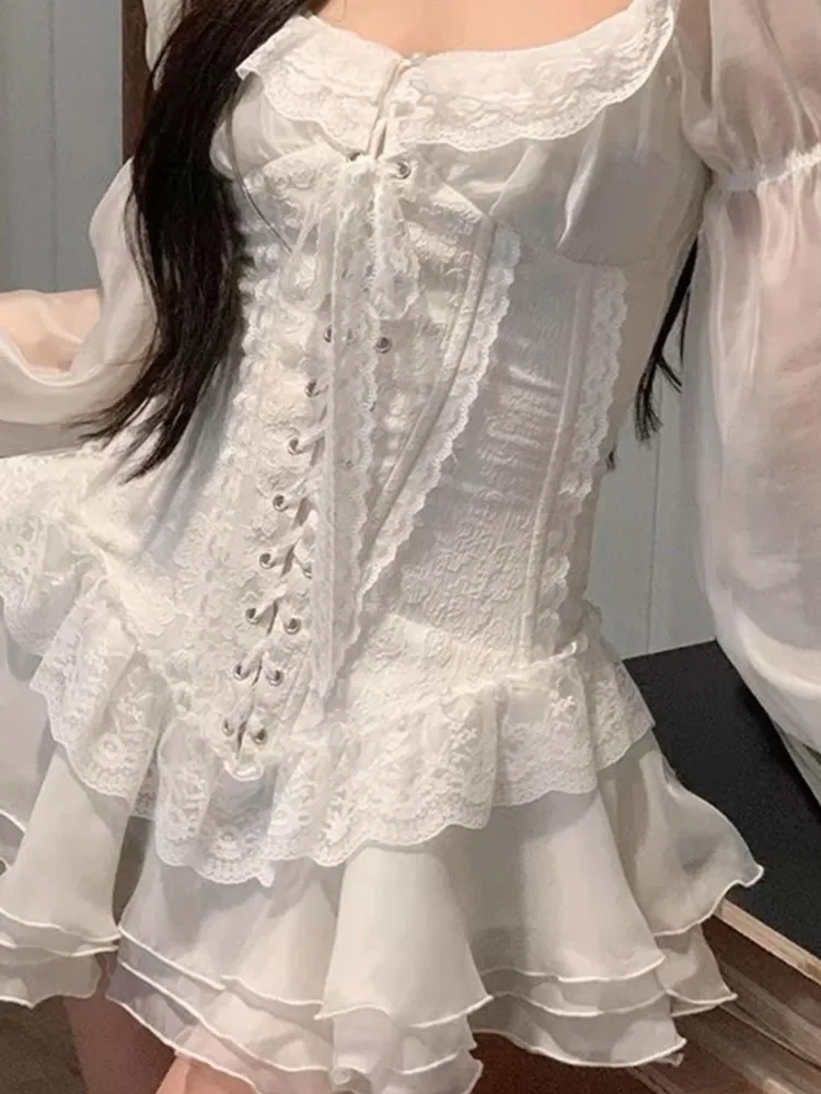 Y2K White Short Dresses for Women Long Sleeves Square Collar Lace-up Corset French Vintage Ruffles A-line Party Dress Vestidos