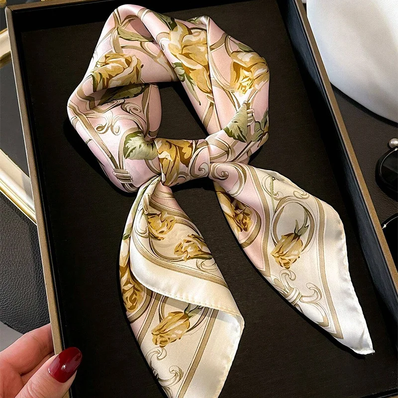 Fashion Flower Print Satin Square Silk Scarf for Women Hand Bag Wrist Wraps Lady Scarves Shawl 2024 Design Neckerchief Foulard