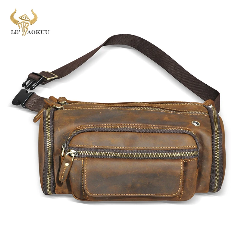 Genuine Crazy Horse Leather Travel Retro Fanny Waist Belt Bag Chest Pack Sling Bag Design Phone Cigarette Case For Men Male 382