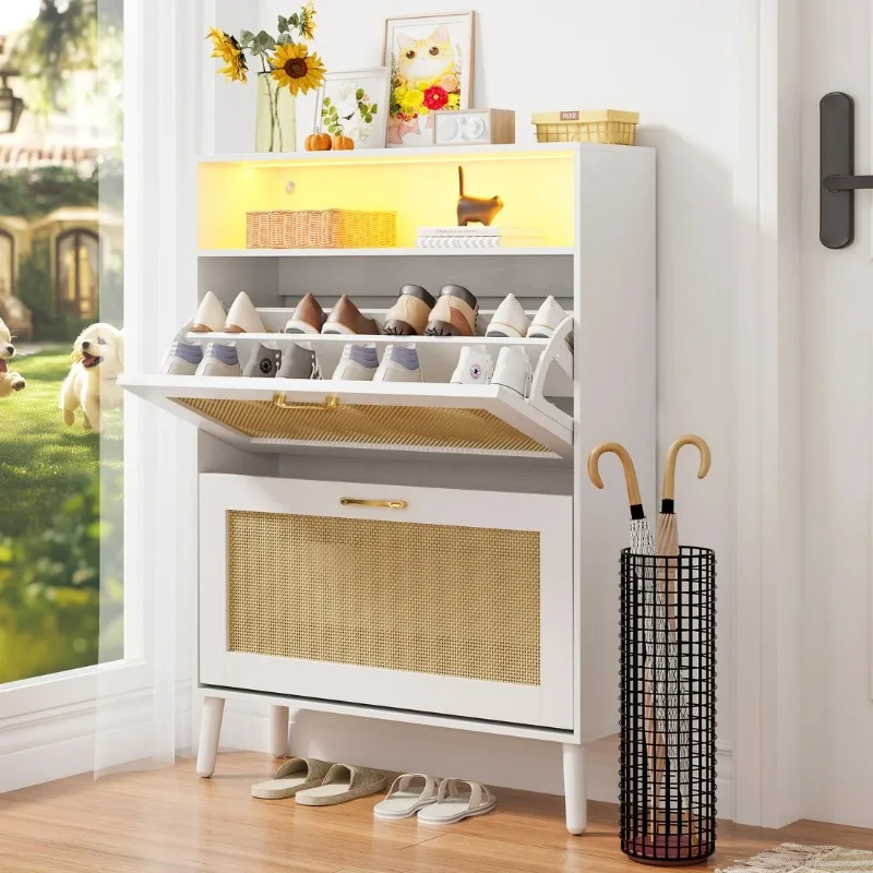 

Shoe Cabinet with Rattan Flip Drawers, Shoe Organizer with LED Strip for 20 Shoes, Freestanding Tipping Bucket Shoe Storage