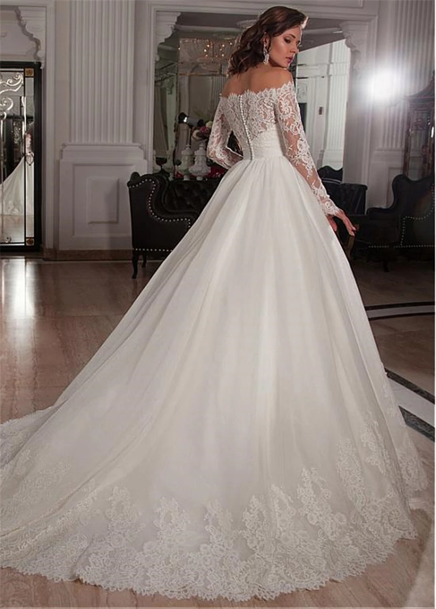 Abito da sposa a maniche lunghe con scollo a barchetta in Tulle con Applique in pizzo con cintura in cristallo abito da sposa casamento 2022