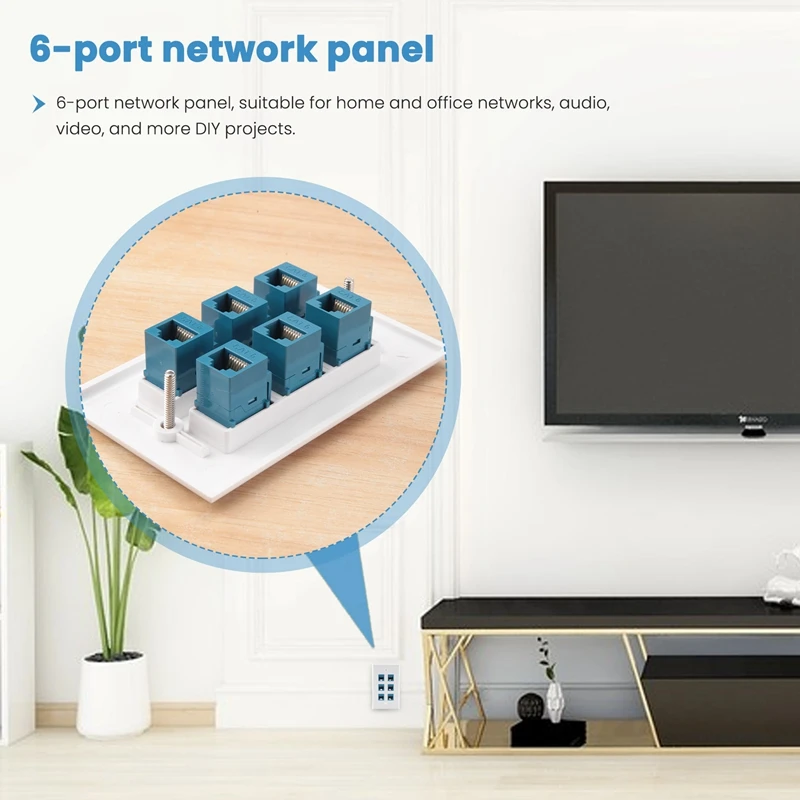 2Pack 6 Port Ethernet Wall Plate, RJ45 Cat6 Female To Female Jack Inline Coupler Plates Ethernet Cable Face Plates(Blue)