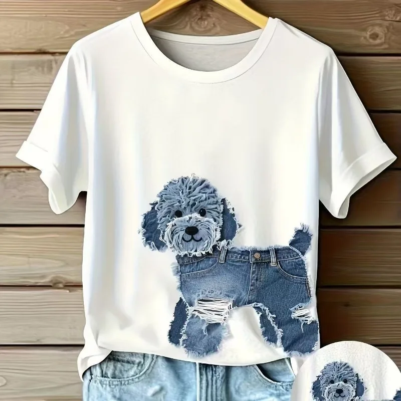 

Summer Dog Print Casual Short-sleeve T-shirt All-match Trendy Design Tshirt Women Sweet Cute Top White Black Kawaii Clothes Y2k