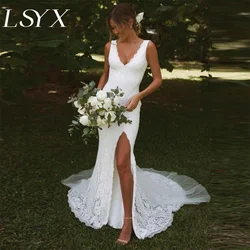 LSYX Customized Deep V-Neck Sleeveless Lace Mermaid Wedding Dress Open Back High Side Slit Floor Length Bridal Gown