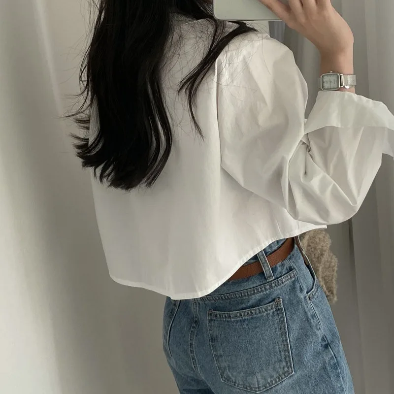 Women Fashion White Blouse Summer Harajuku Cropped Shirts Chic Elegant Long Sleeve Tops Korean Casual Loose Office Clothes 블라우스