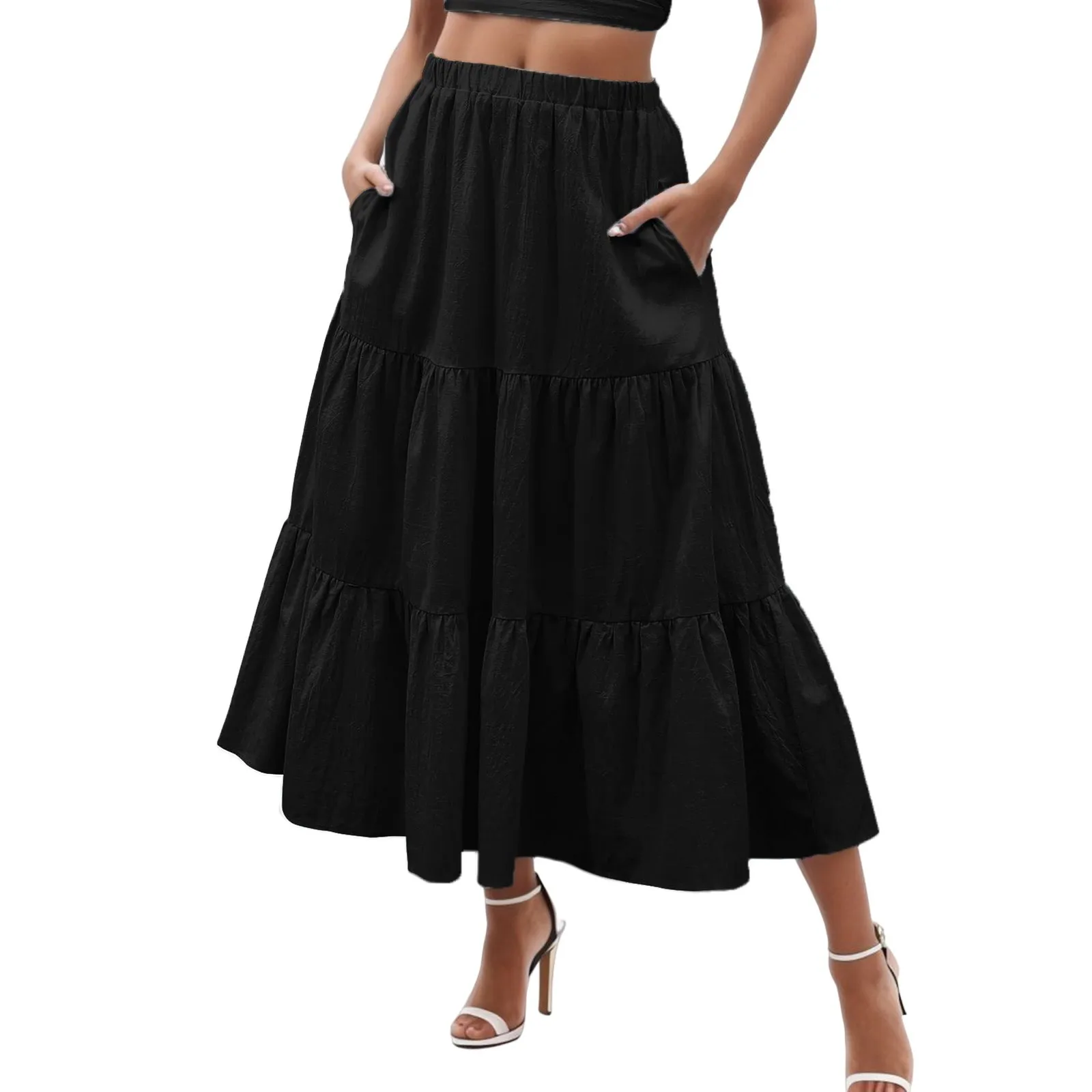 

Summer Elastic Waist Pleated A Line Skirt Flowy Swing Tiered Beach Long Skirts Pockets Loose Fit Elegant Solid Skirt Women